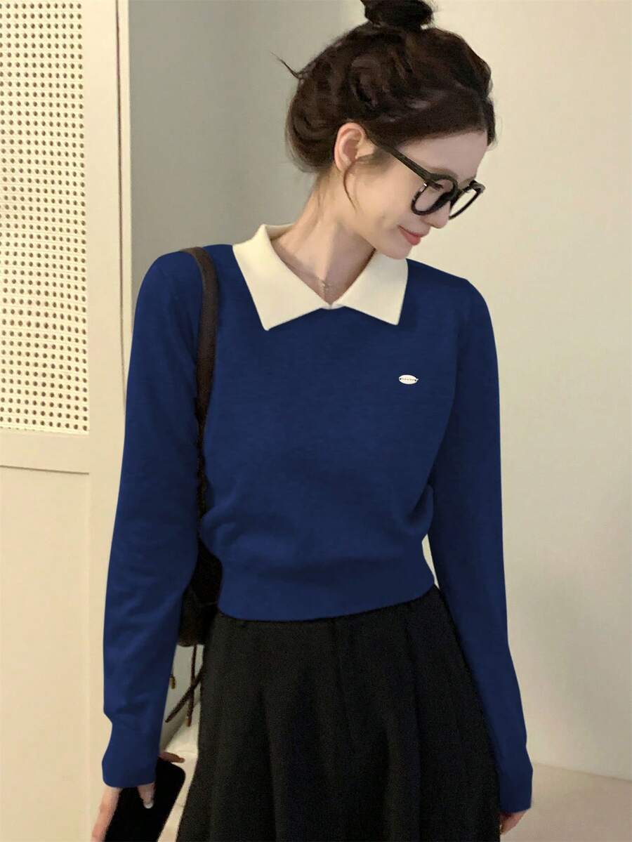 Áo croptop ngắn tay kiểu Hàn Quốc cổ polo, chất liệu mỏng, thiết kế phối màu, dành cho nữ, thu đông mới. - Xanh đậm - Xem 1