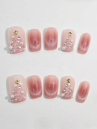 10 件圣诞指甲短方形，粉色圣诞树指甲，粉色猫眼闪亮甜美女孩 Y2k 美甲，手工佩戴指甲多种多样，适合女孩日常和节日穿着使用压指甲，假指甲