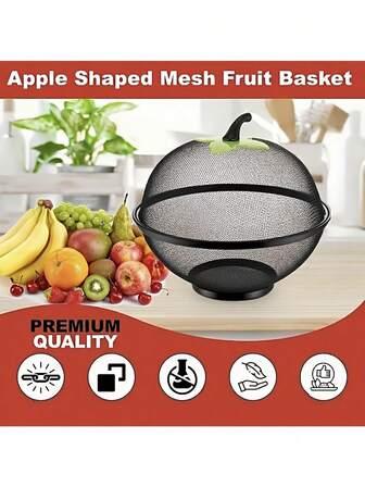 Heavy Duty Rust-Resistant Metal Fruit Basket With Mesh Cover - Apple-Shaped Storage Container With Ventilation Holes And Hanging Hole, Reusable Kitchen Organizer For Fruits, Vegetables, Camping, Picnics, Christmas Decor - Durable Metal Structure, Space-Saving Countertop Storage, Suitable For Home And Outdoor Use - Easy To Clean And Moisture-Proof (Compatible With Apple-Shaped Lid)