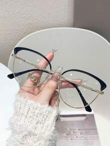 1 pieza Gafas de moda con lente transparente y diseño único de mujer con ojos de gato de metal con rhinestones - transparente - Ver 27