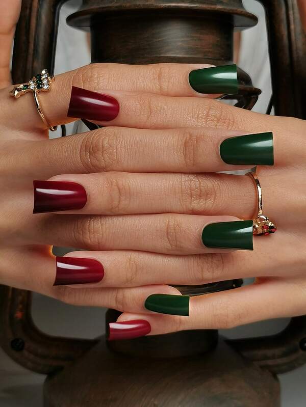 30pcs Medium-Long Thick Fake Nails, High-End Red & Green Ombre Solid Color Press-On Nails, Suitable For Spring/Autumn, Christmas, Gift For Girls/Ladies, Includes 1pc Jelly Gel And 1pc Nail File
