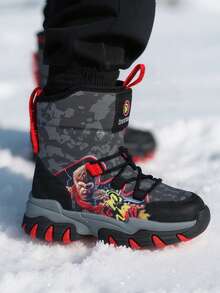 A Pair Of Boys' Snow Boots With Cartoon Patterns, Thermal Lined, Non-Slip & Camouflage Style, Warm And Cold-Resistant For Kids To Play In The Snow And Go To School, Wear-Resistant & Foot-Warming