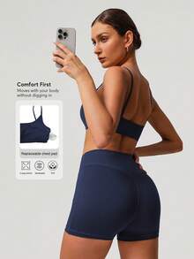 Sodalemon Women 2Pcs Fitness Sets Backless Padded Sport Bra No Front Seam Outdoor Cycling Shorts Elastic Gym Training Sport Set - 藏蓝色 - 查看 2