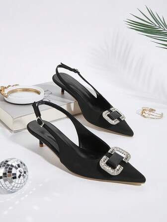 New Rhinestone Decorated Pointed Toe High Heel Shoes, Women's Stiletto Heel Slip-On Mules