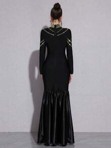 Elegante vestido largo de noche de sirena con mangas largas, cuello en pico y aplicaciones de plumas, ajustado, para bodas, banquetes y fiestas