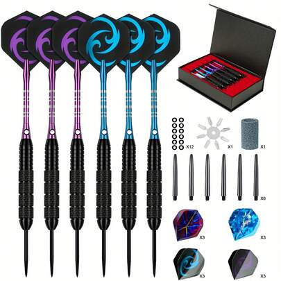 Steel Darts Set, Professional Darts Tip With Non-Slip Stainless Steel Shaft,4 Style Poly Flights, PVC Shafts, Dart Sharpener, Rubber Rings, Flight Protector ,With A Gift Box