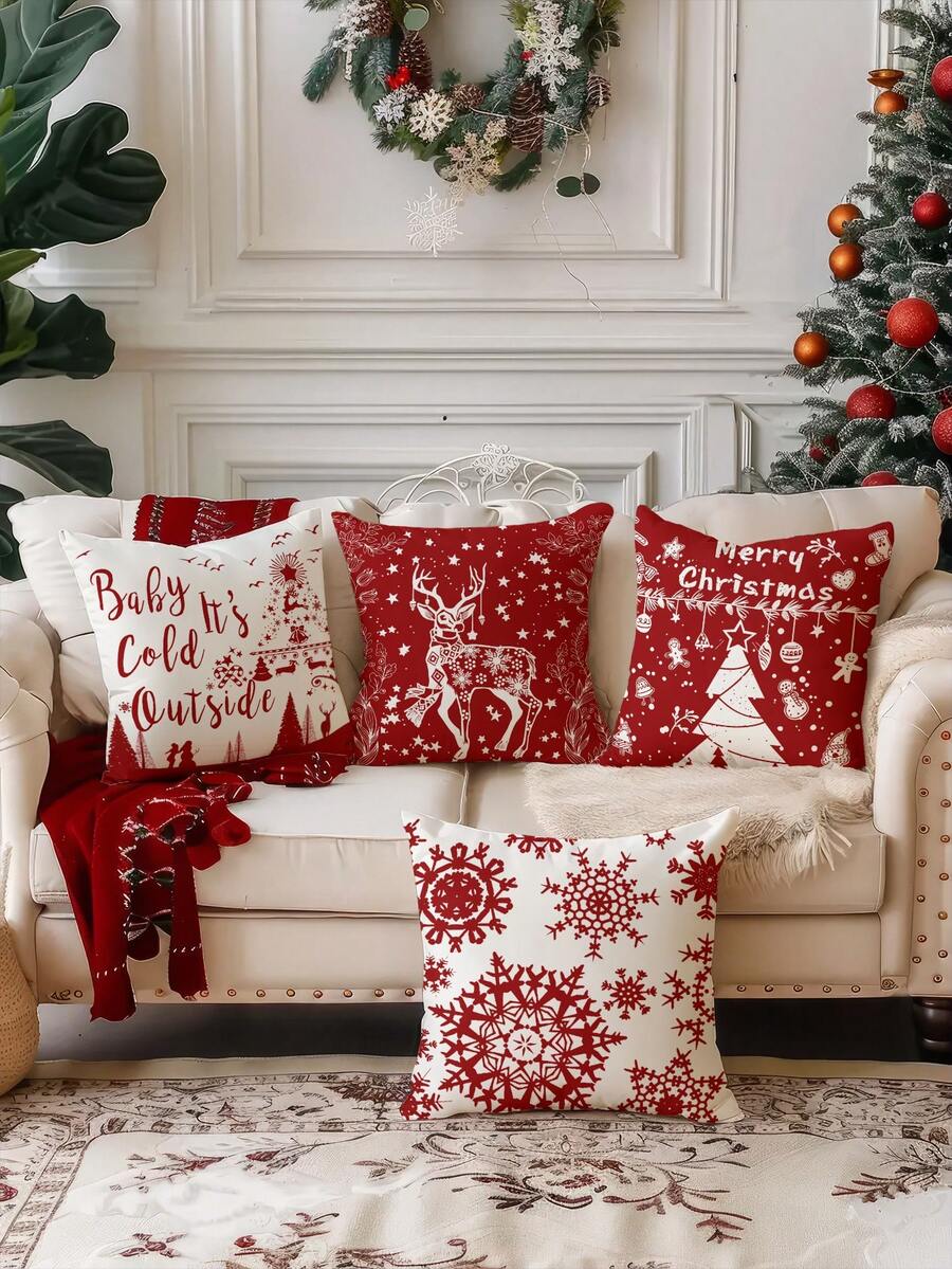 4pcs Velvet-Like Soft Christmas Santa Claus, Christmas Numbers, Reindeer, Snowman, Snowflake Decorative Pillow Covers, Hypoallergenic Polyester Material, Hidden Zipper, No Filling, Suitable For Home Decor, Living Room, Throw Pillow Cases, Cushion Covers, Sofa Decorative Pillows, Home Decor Pads
