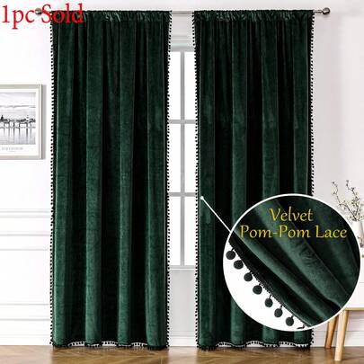 1 Paquete, Cortinas de terciopelo con adorno de pompones en verde musgo, barra de bolsillo superior, tela de terciopelo de 200 g/m², resistente a la decoloración, suave y lisa, caída natural, resistente a las arrugas, insonorización, opacidad, lavable, decoración elegante de estilo europeo para ventanas del hogar, adecuada para dormitorio, baño, sala de estar, oficina, Año Nuevo, Navidad, Día de San Patricio