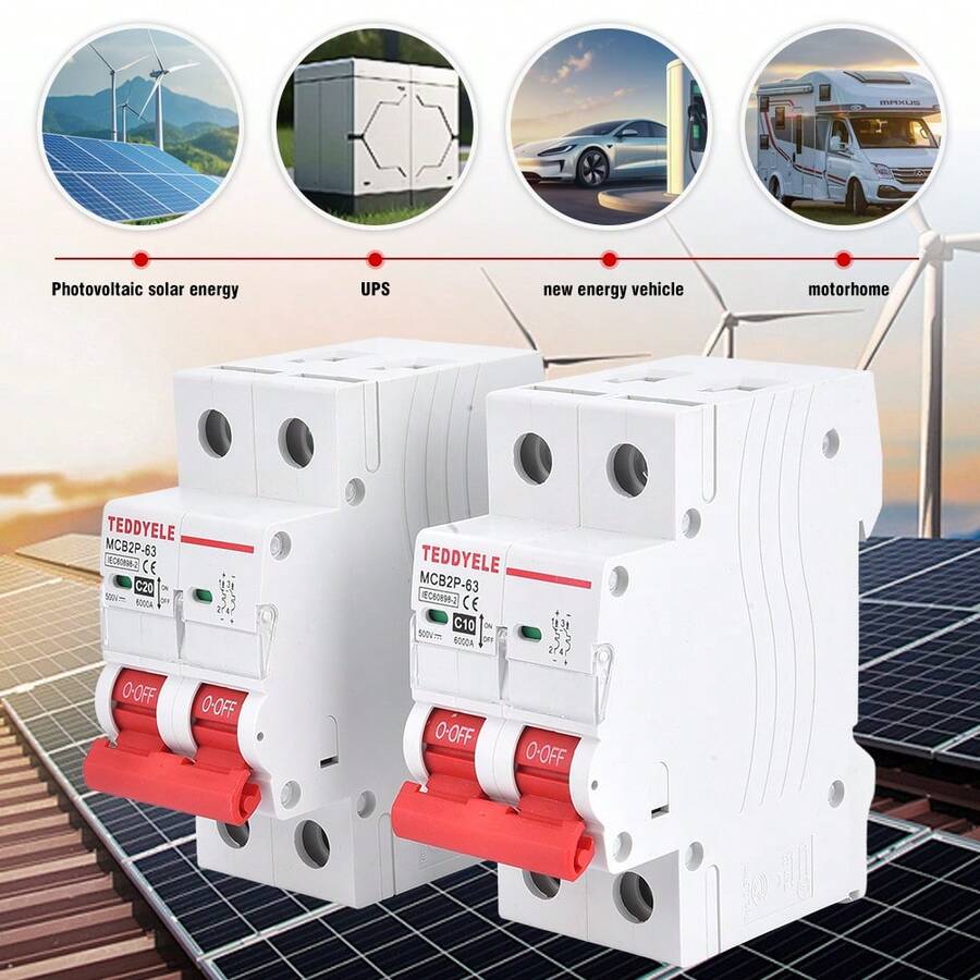 2 pezzi Interruttore automatico solare a 2 poli (2P) con protezione da sovraccarico e cortocircuito, montato su guida DIN, adatto per pannelli solari, sistemi di energia rinnovabile, con varie portate di corrente 6A/16A/20A/32A/40A/50A/63A, design compatto, struttura durevole, per ingegneria elettrica
