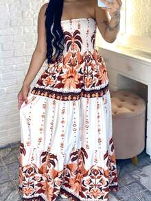 Long Strapless Dress Printed With Elastex Crepe Fabric Summer Beach Non-Wrinkle Fabric - màu nâu - Xem 3