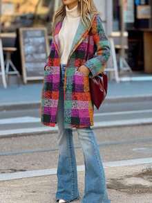 Casaco feminino de manga comprida com bolsos, estampa xadrez irregular, leve, com capuz e abertura frontal, ideal para outono/inverno. Jaqueta xadrez casual e moderna para o estilo streetwear. - Multicolorido - Ver 4