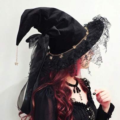 1 X Sombrero de bruja de encaje negro hecho a mano con lazo de vendaje - Accesorios de disfraz de estilo gótico lolita para fiesta de Halloween