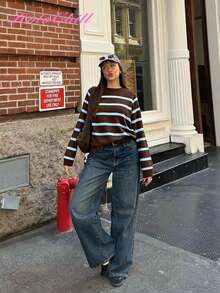 Jersey de punto con cuello redondo y rayas de contraste, estilo casual de influencer joven, estilo Holochristmas, otoño/invierno 2025