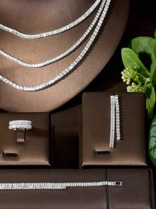 1 Conjunto Conjunto de Joias Romântico, Decoração Geométrica de Corrente Multicamadas de Zircônia Cúbica, Adequado para Acessórios Diários de Mulheres - Prata - Visão 3