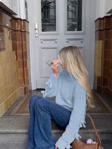 Joy Knit Women's New Autumn/Winter Knitted Top - Casual Minimalist Sweet Versatile All-Match Tops - Bowknot Sleeve Short Loose Crew Neck Pullover Sweater - Office Outfits For Women - Going Out Tops - Travel Outfit Airport