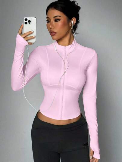 女士修身长袖运动外套，适合运动、跑步、瑜伽，纯色，小立领，带拇指孔，简约休闲运动夹克，针织外套