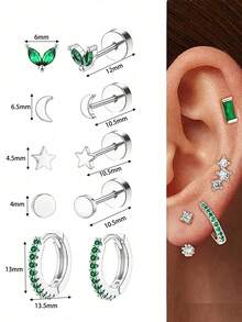 6-24pcs 18K Gold Plated Small Flat Back Stud Earrings For Women Men Hypoallergenic Stainless Steel Earrings Sets Tiny Screw Back Cartilage Earrings Piercing Jewelry Green Clear