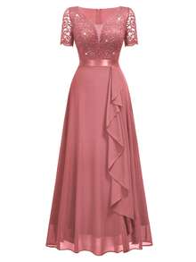 MIUSOL Elegant Women's Deep V-Neck Contrast Sequin Lace Cinnamon Chiffon Maxi Dress, Short Sleeves Ruffle Trim Flowy Hem, Perfect For Formal Wedding Guest, Evening Party, Birthday Event - Dusty Pink - View 7