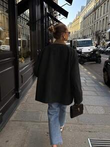 Áo khoác gió nhẹ cổ nhung kẻ phối màu phong cách retro dáng rộng dành cho nữ năm 2026, màu đen, thích hợp cho mọi mùa xuân. - màu đen - Xem 4