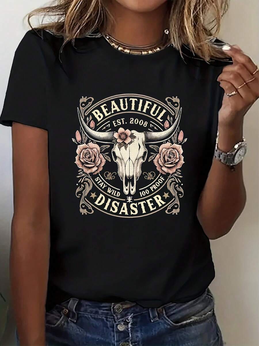 Women's T-Shirt With Cow Skull And Rose Floral Print Beautiful Disaster Vintage Design - Casual Wear For Everyday, Date Night, Or Festival Outfits 220g - màu đen - Xem 1
