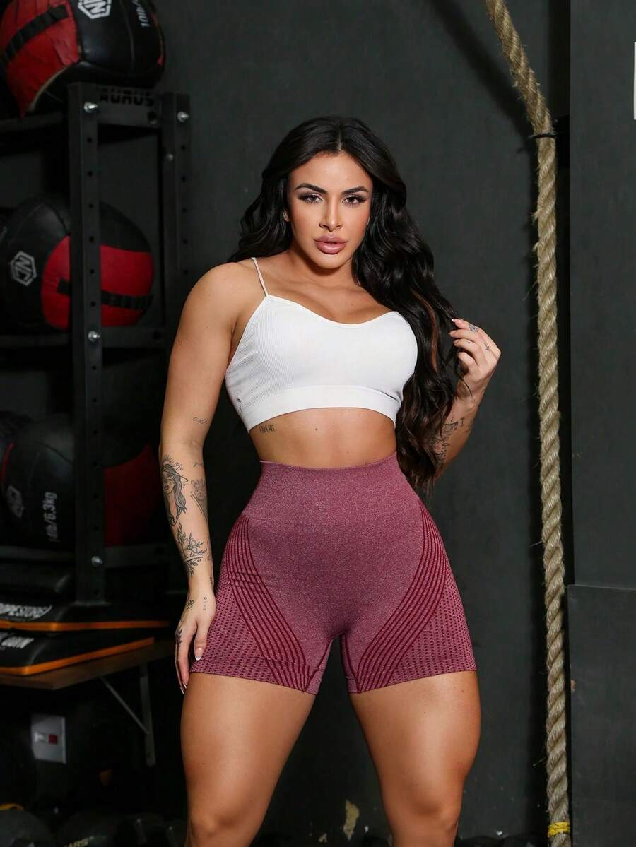 Short Legging Esportiva Academia Yoga Trendy Tie dye Amassada Levanta Bumbum Sem Costura Cintura Alta YI-016 - Vinho - Visão 1