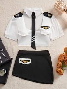 Deep V Sexy Female Flight Attendant, Secretary Lingerie Role-Playing Set, Office Women's Seduction Uniform, Semi Transparent Tight Top+Bag Skirt+Striped Tie, Christmas Gift, Role-Playing Private Party Outfit, Couple Game Costume - 白色 - 查看 4