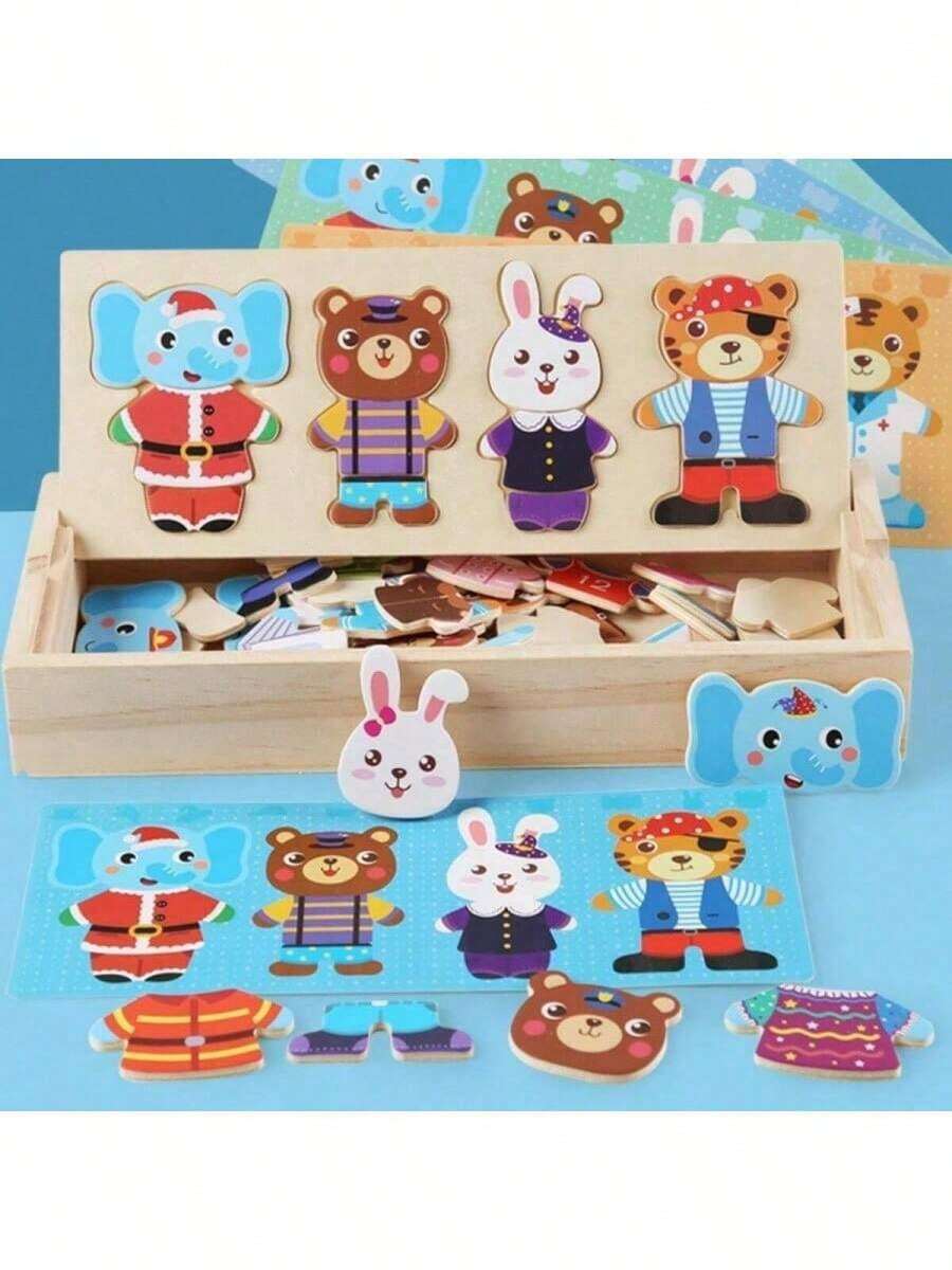 1件儿童木制拼图早教卡通动物换装拼图小熊换装拼图趣味男孩女孩玩具礼物婴儿拼图板 - 彩色 - 查看 1