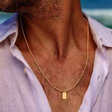 1pc New Minimalist Rectangular Letter Pendant Necklace, Stainless Steel Chain For Men - Golden Rectangular Letters - View 1