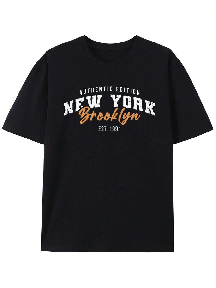 T-Shirt Authentic New York Brooklyn Est. 1991 Oversized T-ShirtSimple Design, Knitting Process,Single-Sided Printing - 黑色 - 查看 1