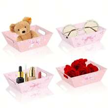 2pcs Pink Bow Gift Boxes - Elegant Paper Gift Baskets With Handles, Floral And Polka Dot Design, Suitable For Ladies Celebrations, Teen Showers And Special Events, Gift Packaging | Pink Tray | Convenient Carry Handles (2 Styles, Random Style), Valentine's Day Party, Home Decor, Home Gifts - Multicolor - View 2