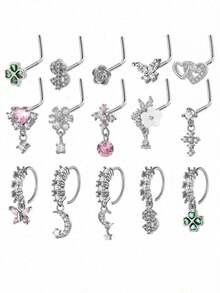 15pcs 20G L-Shaped Hanging Nose Rings, Stainless Steel Nose Rings & Earrings, CZ Flower Pendant Nose Hoops Nose Piercing Jewelry For Women - Silver - View 9