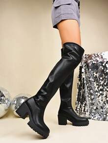 Fall/Winter Women's Elastic Thigh-High Waterproof Platform Chunky Heel PU Over-The-Knee Boots, Round Toe Fashion Motorcycle Combat Punk Boots For Party