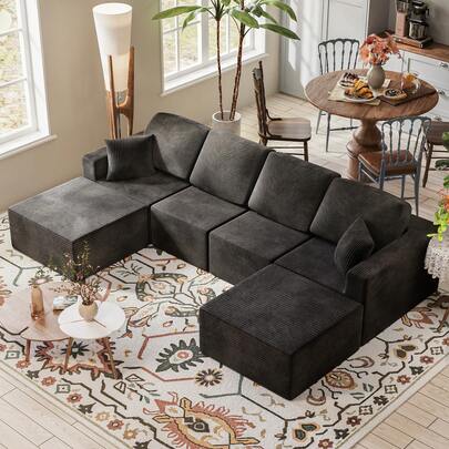 Furniwell Modular Sectional Sofa Cloud Couch, Corduroy U Shaped Couch With Deep Seat,  126"  Boneless Couches For Living Room, Modern Fluffy Memory Foam U Shape Sectional Couch With Chaise Lounge
