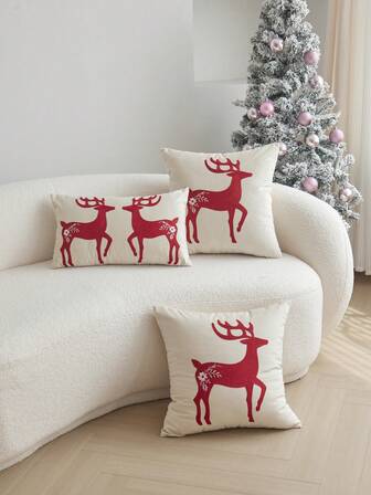 1pc Christmas Velvet Reindeer Embroidered Throw Pillow Cover, Home Decor Suitable For Living Room, Bedroom, Party And Various Environments