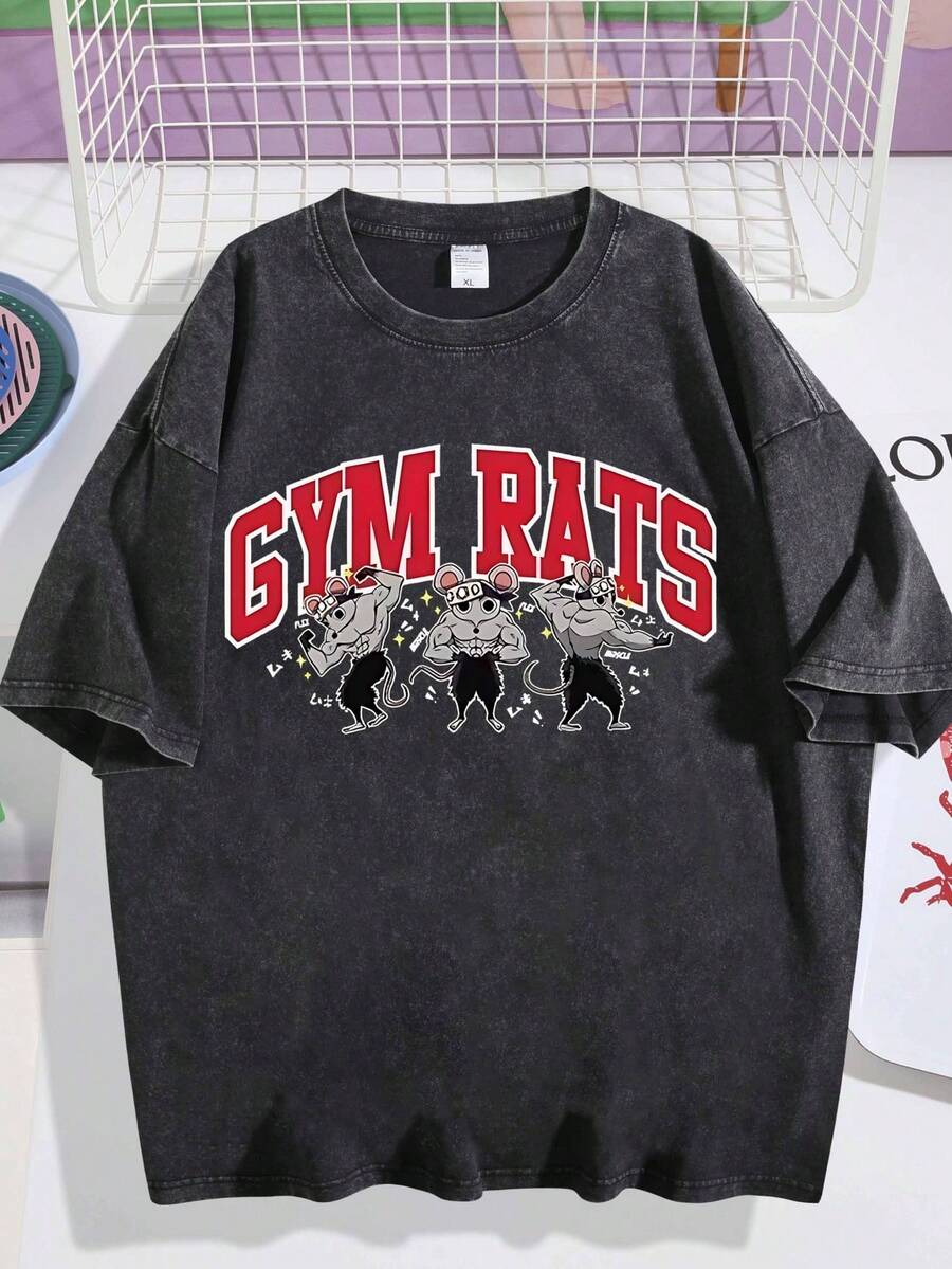 Vintage Vintage Men's Washed T-Shirt, GYM RATS Muscle Mouse Cartoon Print, Fitness Enthusiast Top004 - Đen 4 - Xem 1