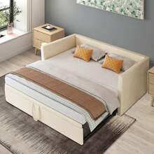 2-In-1 Upholstered Sofa Bed, 90*180*200 Cm, With Slatted Frame, Backrest, And Armrests, Covered In Skin-Friendly Velvet, Beige, Foldable Design With Pull-Out Bed Frame, Suitable For Apartments And Guest Rooms - 米色 - 查看 5