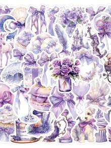60pcs Purple Romantic Stickers, Graffiti Decorative Stickers, Cartoon Food Stickers, Waterproof Vinyl Stickers, Suitable For Laptop, Phone, Car, Skateboard, Water Bottle, Scrapbook, Computer, Diary - Multi-color a - View 1