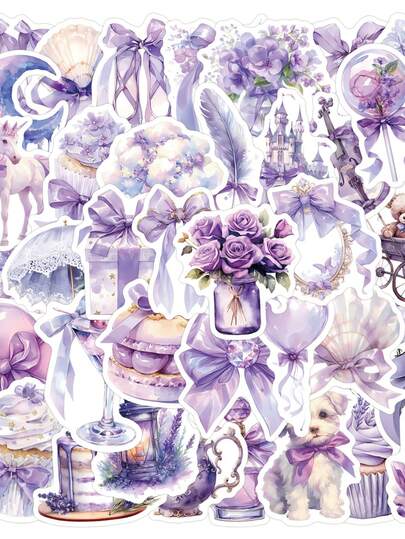60pcs Purple Romantic Stickers, Graffiti Decorative Stickers, Cartoon Food Stickers, Waterproof Vinyl Stickers, Suitable For Laptop, Phone, Car, Skateboard, Water Bottle, Scrapbook, Computer, Diary