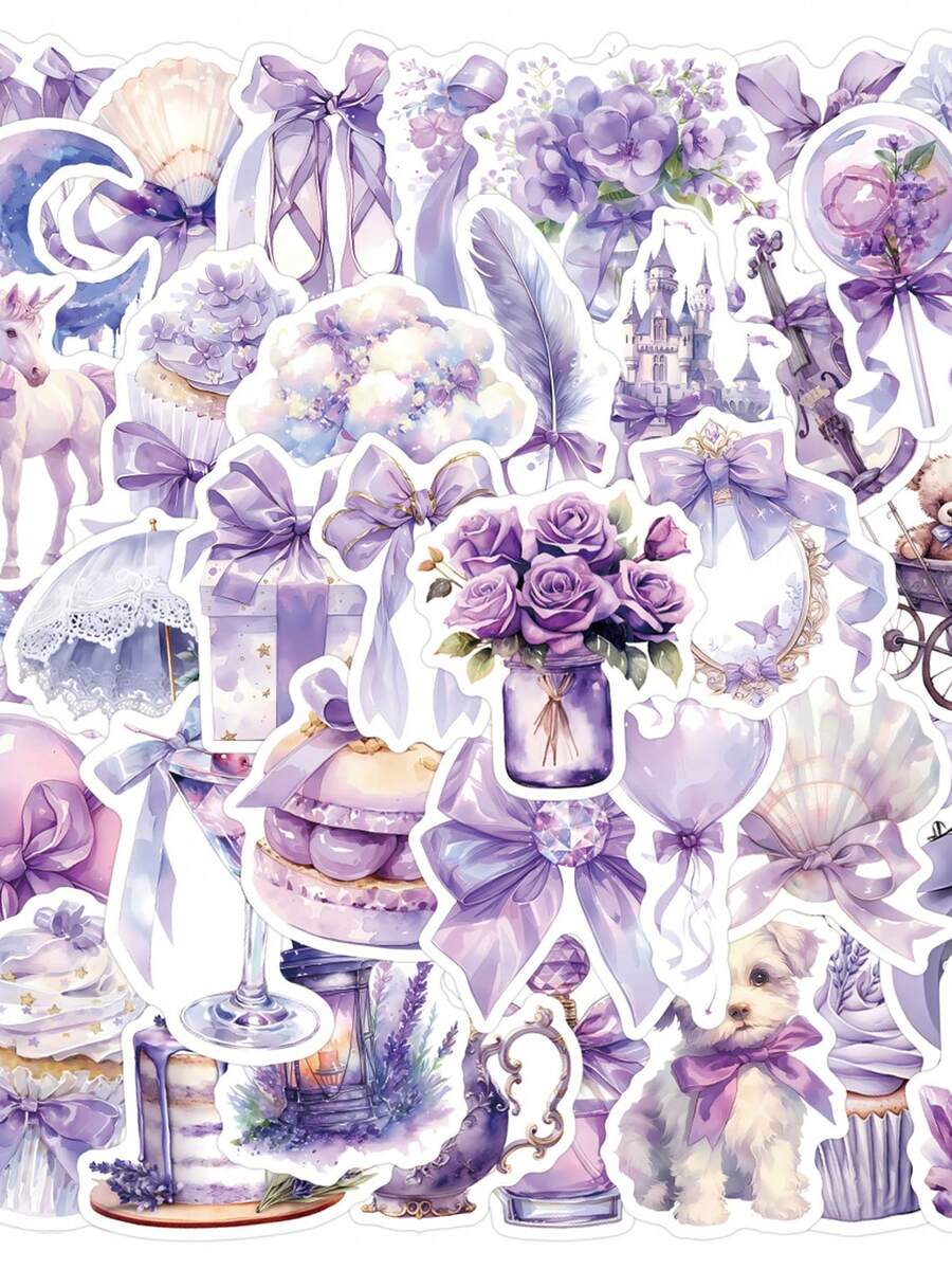 60pcs Purple Romantic Stickers, Graffiti Decorative Stickers, Cartoon Food Stickers, Waterproof Vinyl Stickers, Suitable For Laptop, Phone, Car, Skateboard, Water Bottle, Scrapbook, Computer, Diary - Multi-color a - View 1