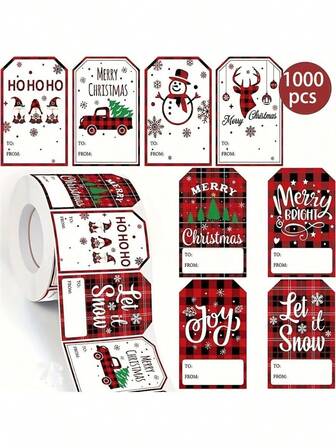 200/500/1000 件圣诞礼物标签，节日纸质标签，带有红色格子图案、Ho Ho Ho、Joy、圣诞快乐和下雪祝福语，混合颜色，适用于礼品包装、艺术和工艺品