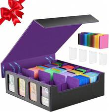 Caja de Cartas MTG Con Ventanas de Exhibición, MTG Deck Box con Capacidad para Más de 3200 Tarjetas, Con 24 Divisores de Colores, 4 Particiones Móviles Para Cartas de Juegos Mágicos(Negro&Púrpura) - Negro y Púrpura - Ver 2