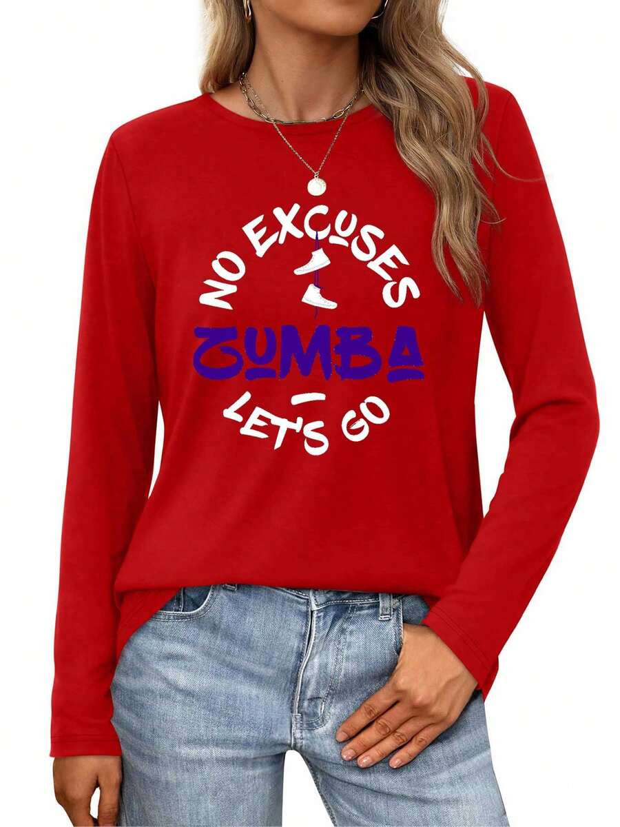 No Excuses  Zumba - Let's Go!Womens Long-Sleeve Crewneck T-Shirt - 紅色 - 查看 1