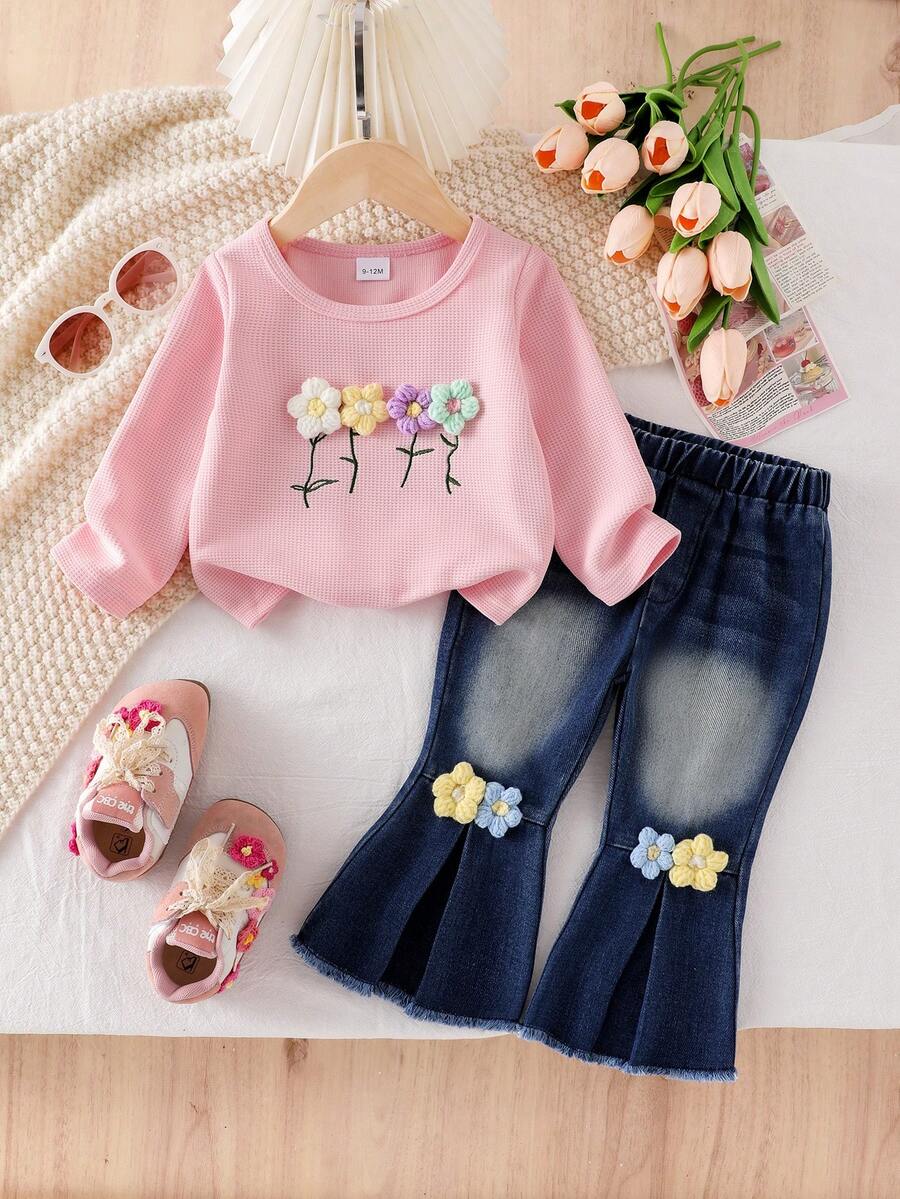 Bộ 2 áo thun dài tay cổ tròn in họa tiết hoa phong cách Boho cho bé gái kèm quần jeans ống loe gấu nhún bèo họa tiết hoa