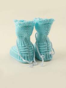 1 Pair Hand-Knitted Solid Color Infant Socks, Warm For Newborn Babies In Autumn/Winter