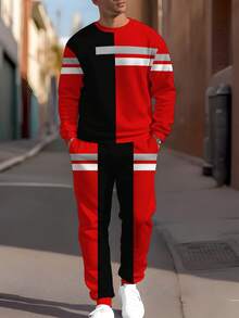 Conjunto de sudadera y pantalones a rayas negras y rojas con parches para hombre, casual y de moda, adecuado para actividades al aire ejercicio, ropa de otoño