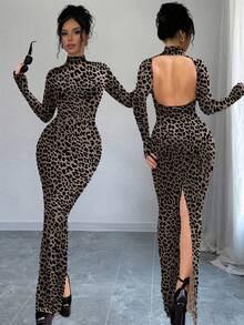 Women's Elegant Leopard Print Turtleneck Long Sleeve Backless Sexy Fitted Maxi Dress, Autumn/Winter Spring - Brown - View 1