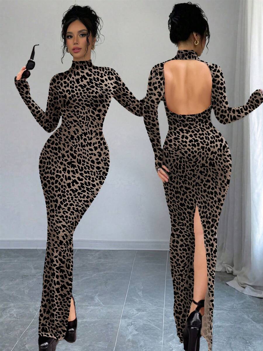 Women's Elegant Leopard Print Turtleneck Long Sleeve Backless Sexy Fitted Maxi Dress, Autumn/Winter Spring - Brown - View 1
