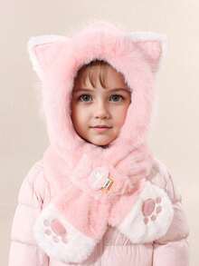 1 件装儿童可爱猫耳朵保暖冬季毛绒护耳脖帽带猫爪刺绣，一体式帽子围巾套装