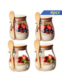 11.96盎司玻璃杯，隔夜燕麦杯套装（1/2/3/4件装），沙拉碗，燕麦片容器，燕麦杯，带盖勺子备餐容器，奇亚籽、布丁、酸奶玻璃罐 - 彩色 - 查看 9