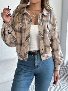 Autumn And Winter Retro Fashion Plaid Off-Shoulder Long-Sleeved Short Woolen Coat Jacket - 杏色 - 查看 3